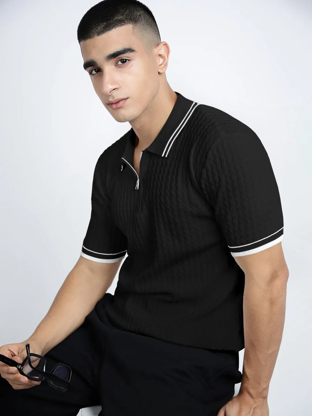 Craft Edge Colorfast Dye Men??s Textured Black Short Sleeve Polo T-Shirt with Contrast Zip Details