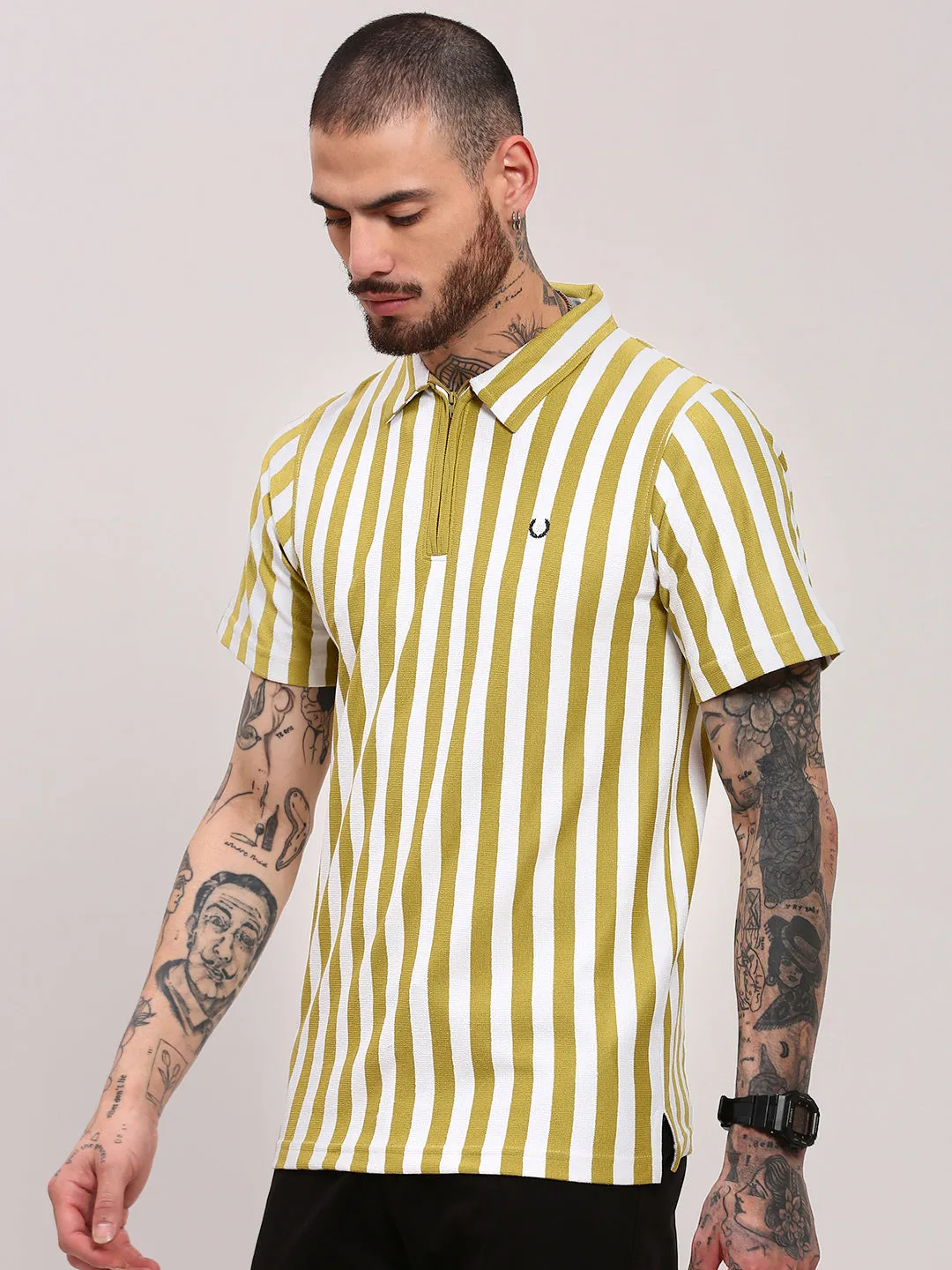 Everyday Look Legend Fit Men's Green Vertical Striped Polo Collar T-Shirt