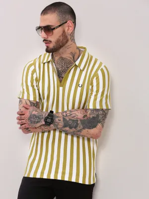 Men's Green Vertical Striped Polo Collar T-Shirt Strong Soul temperature regulation