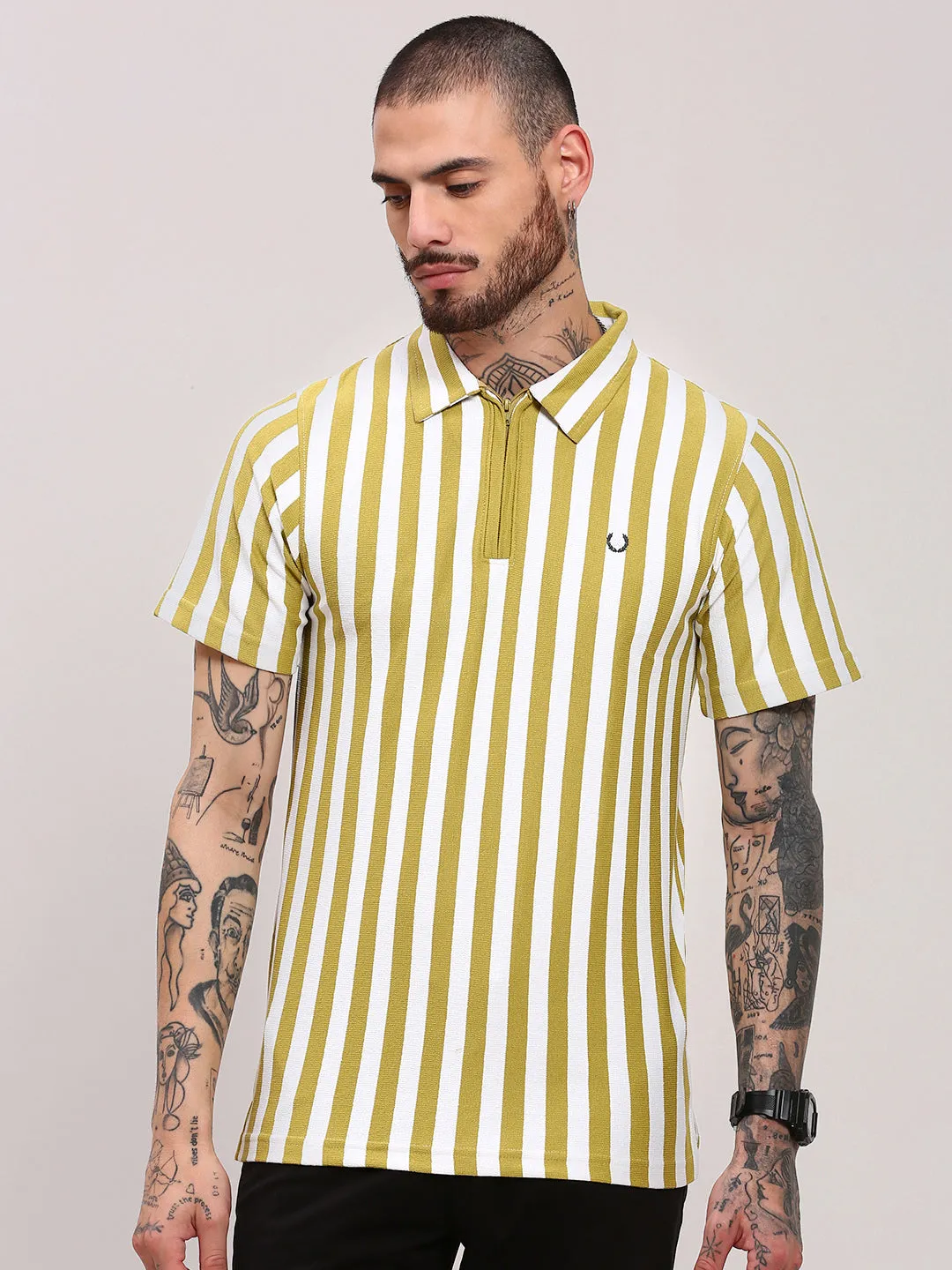 Men's Green Vertical Striped Polo Collar T-Shirt DurableWeave