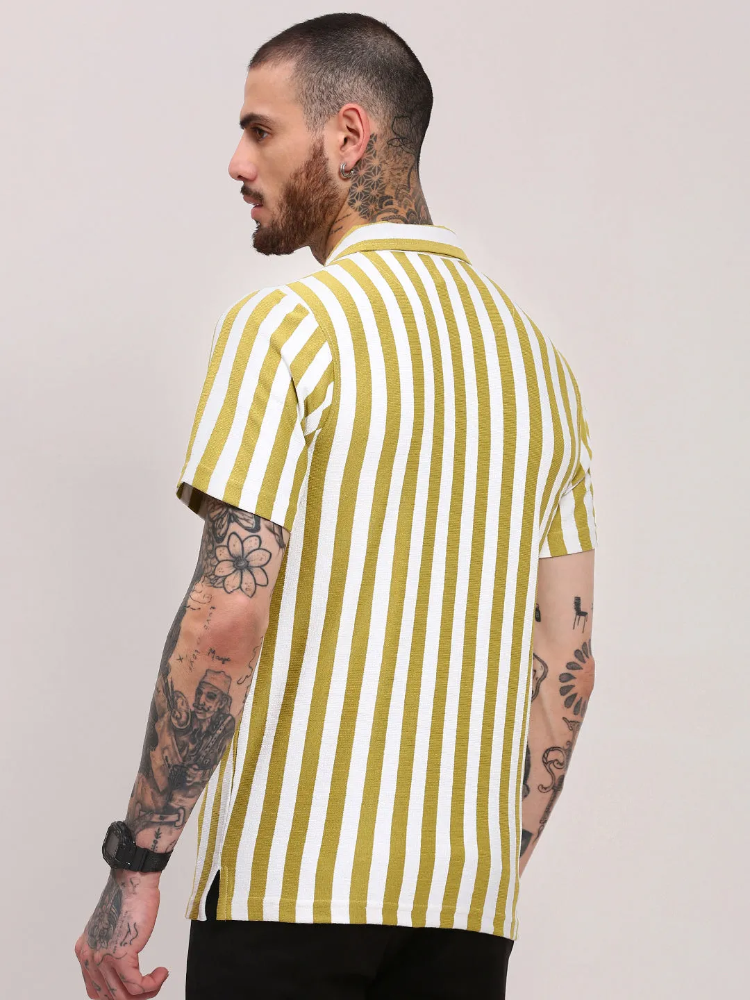 Men's Green Vertical Striped Polo Collar T-Shirt Play Mode StretchFree