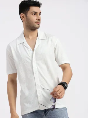 Men's White Comfort Cuban Collar Solid Cotton Relaxed Fit Casual Shirt Moon Beam