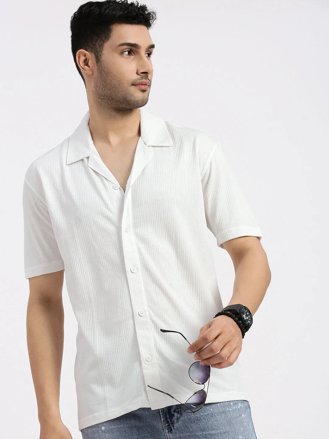 Men's White Comfort Cuban Collar Solid Cotton Relaxed Fit Casual Shirt Moon Beam