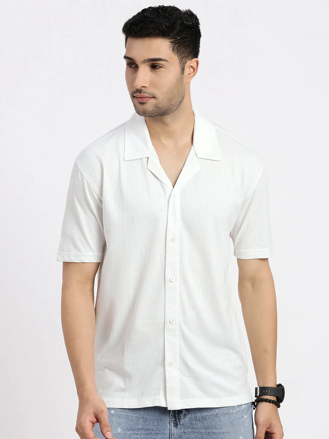 Classic Glow Breezy Comfort Men's White Comfort Cuban Collar Solid Cotton Relaxed Fit Casual Shirt