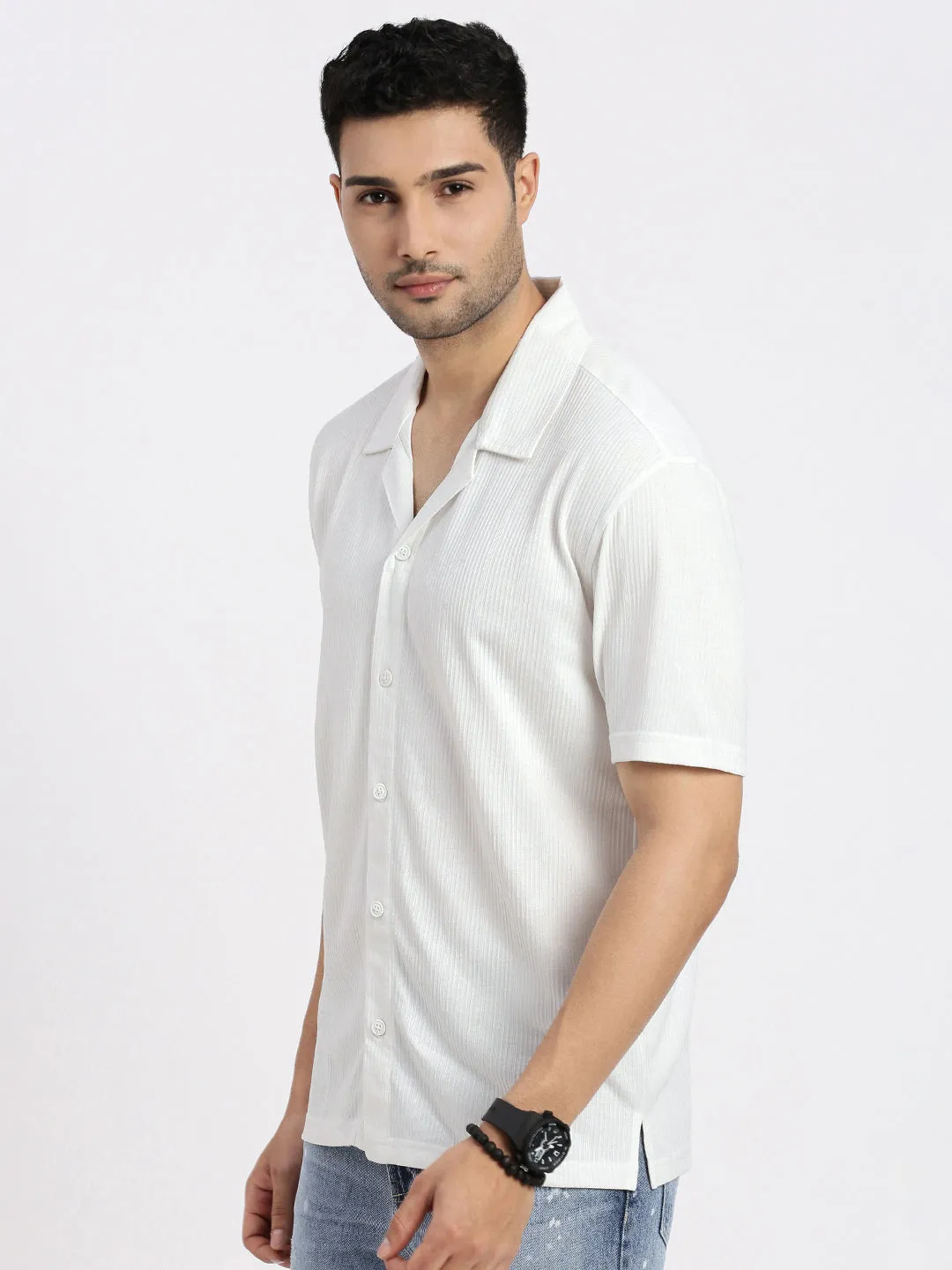Soft Jersey Daily Use Men's White Comfort Cuban Collar Solid Cotton Relaxed Fit Casual Shirt
