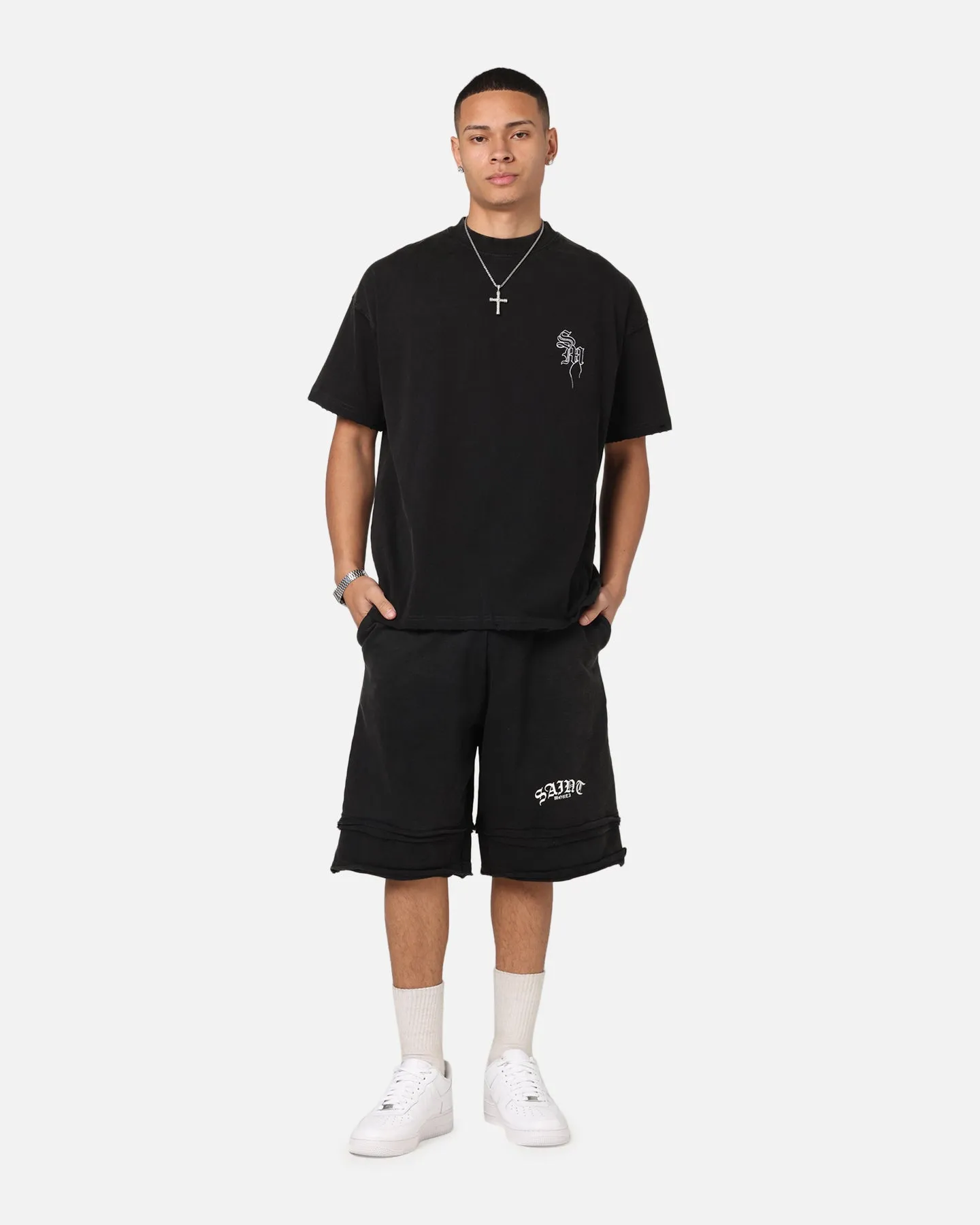 Minimal Stretch Breezy Vibe Saint Morta Gothic Layered Sweat Shorts Black