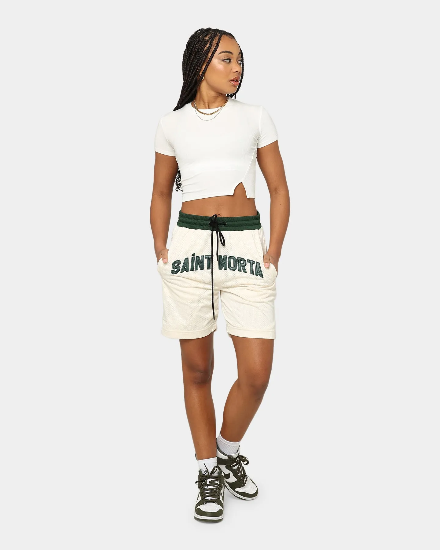 Quick Adjust regular size Saint Morta Kingdom Basketball Shorts Off White/Green
