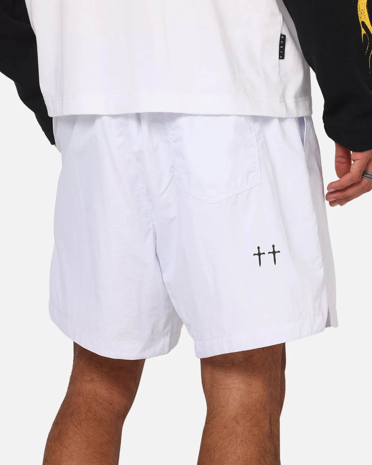 Non Cling Material Breathable layers Saint Morta Scription Nylon Shorts White