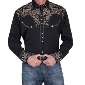 Casual Active Wear Scully Men's Embroidered Scroll Western Snap Shirt in Black