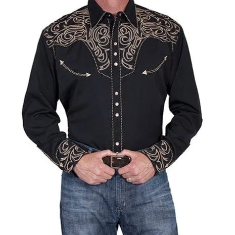 Casual Active Wear Scully Men's Embroidered Scroll Western Snap Shirt in Black