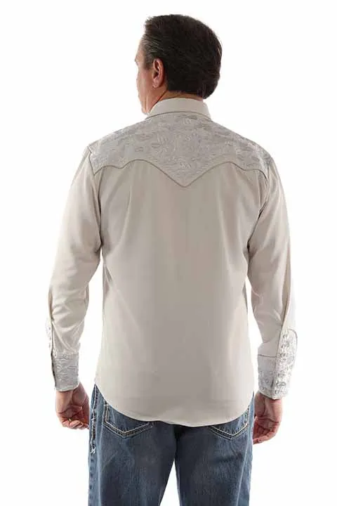 Scully Men's Floral Tooled Embroidered Western Snap Shirt in Light Grey Stretch Fabric Technology Timeless Layer