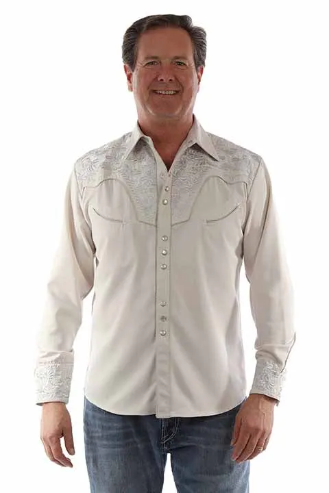 Elegant and Relaxed Elderly clothing Scully Men's Floral Tooled Embroidered Western Snap Shirt in Light Grey