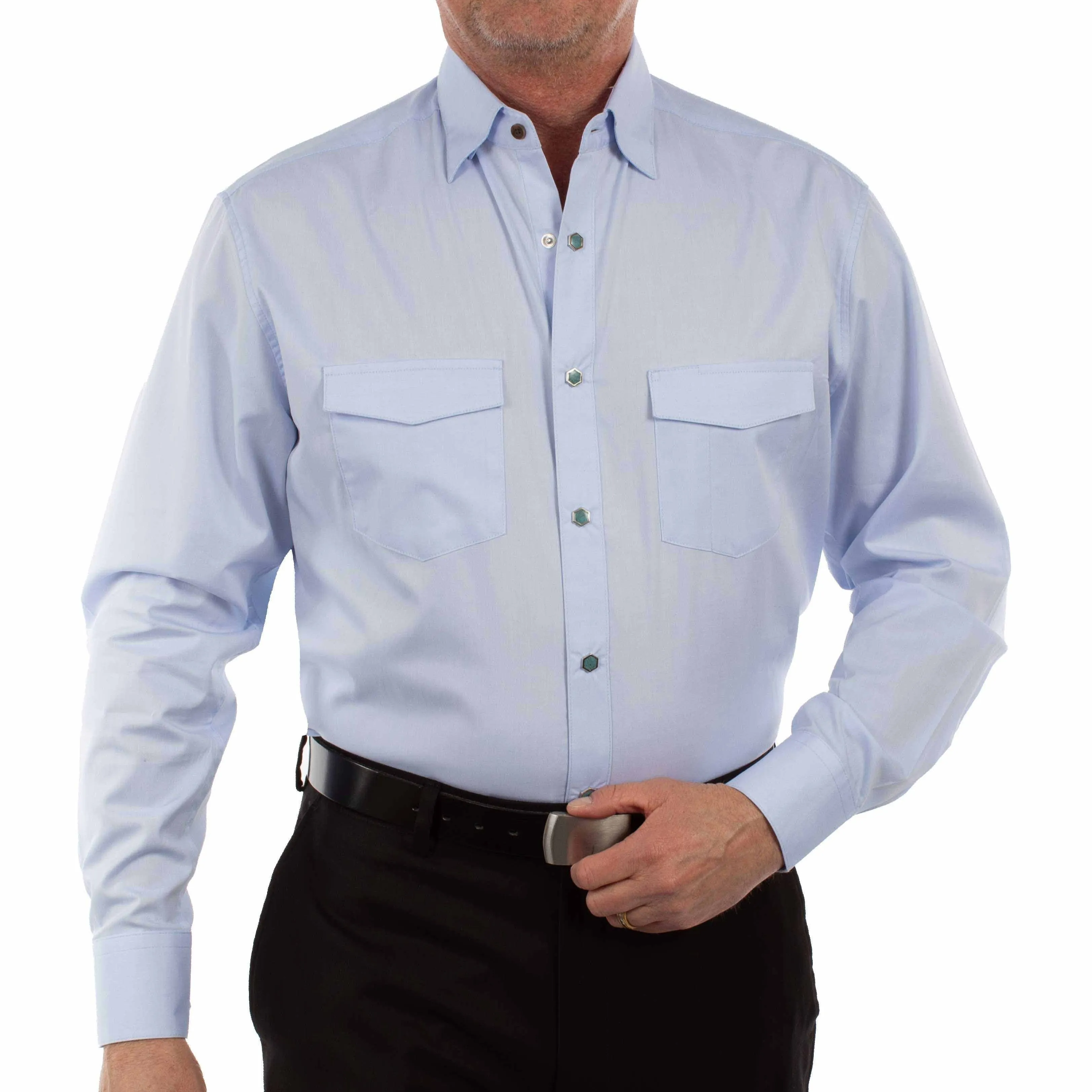 Scully Men's L/S Chambray Western Snap Dress Shirt in Light Blue Yarn Dyed Fabric