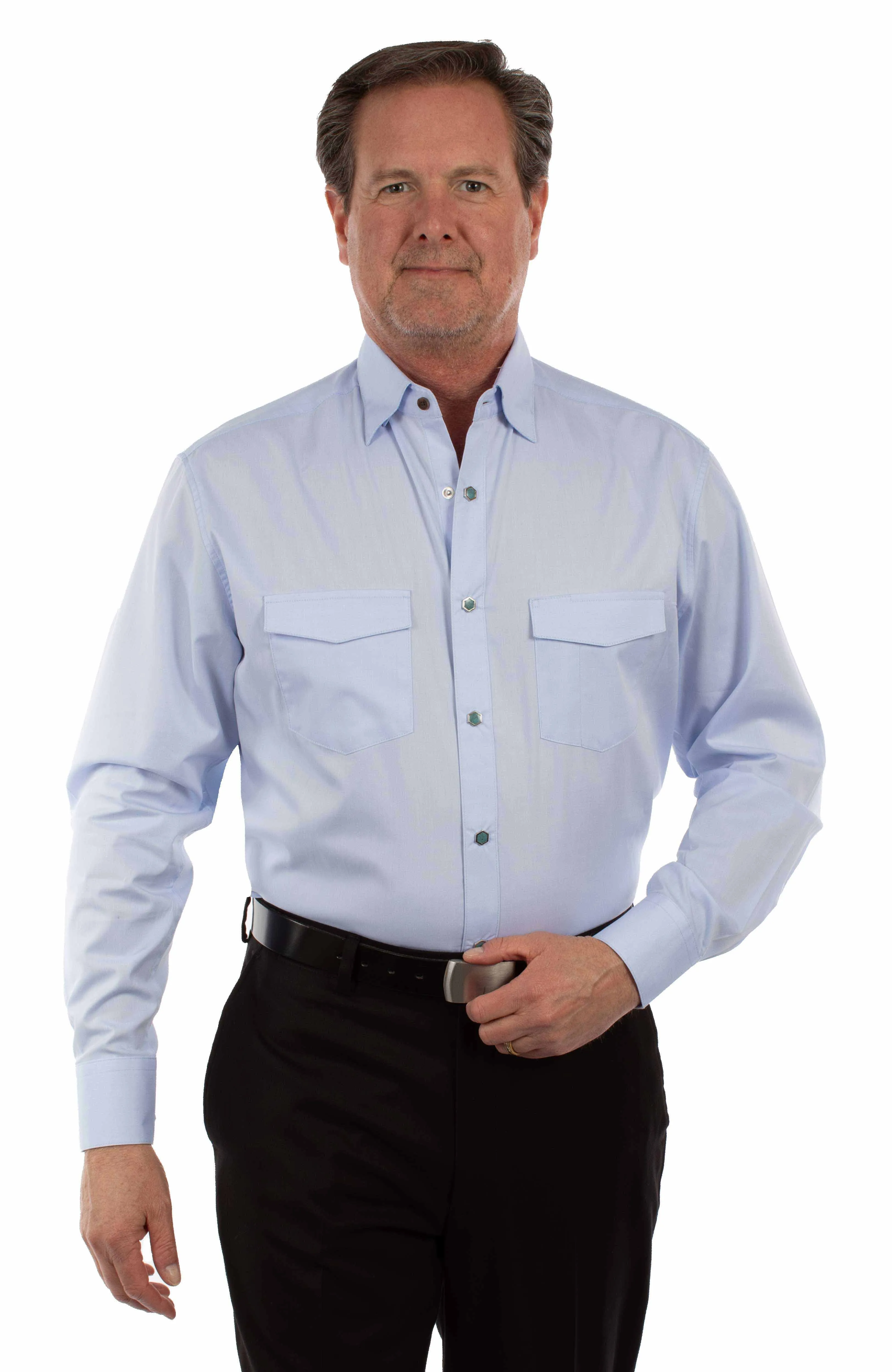 Scully Men's L/S Chambray Western Snap Dress Shirt in Light Blue Easy and Relaxed Anti-static