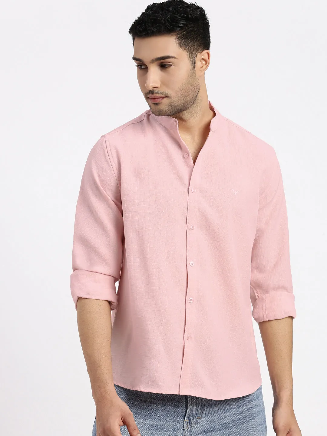 Fantasy Glow Thick Glow Men's Peach Standard Mandarin Collar Solid Cotton Slim Fit Casual Shirt