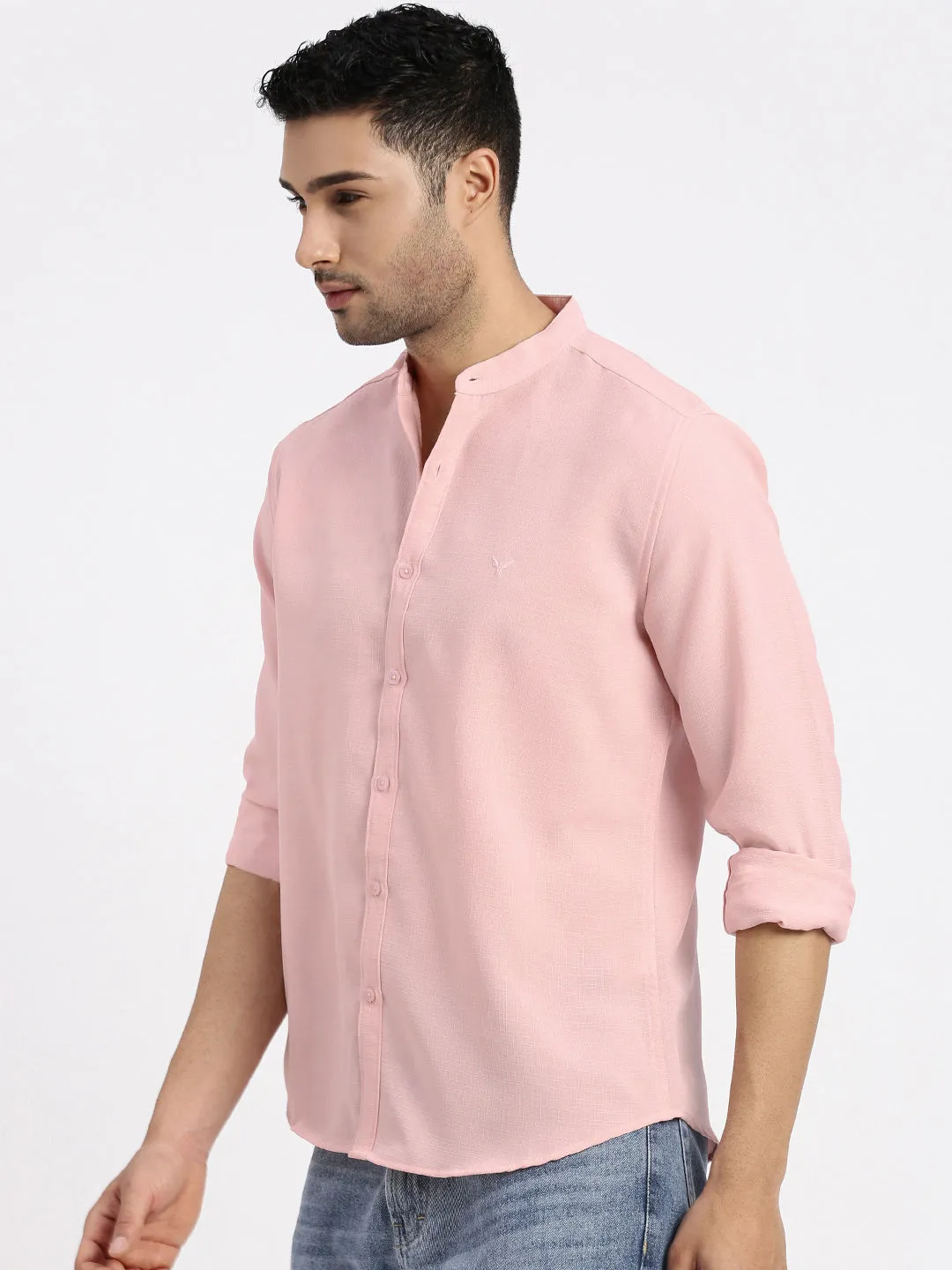 Fashionable Vest Wool Fit Men's Peach Standard Mandarin Collar Solid Cotton Slim Fit Casual Shirt