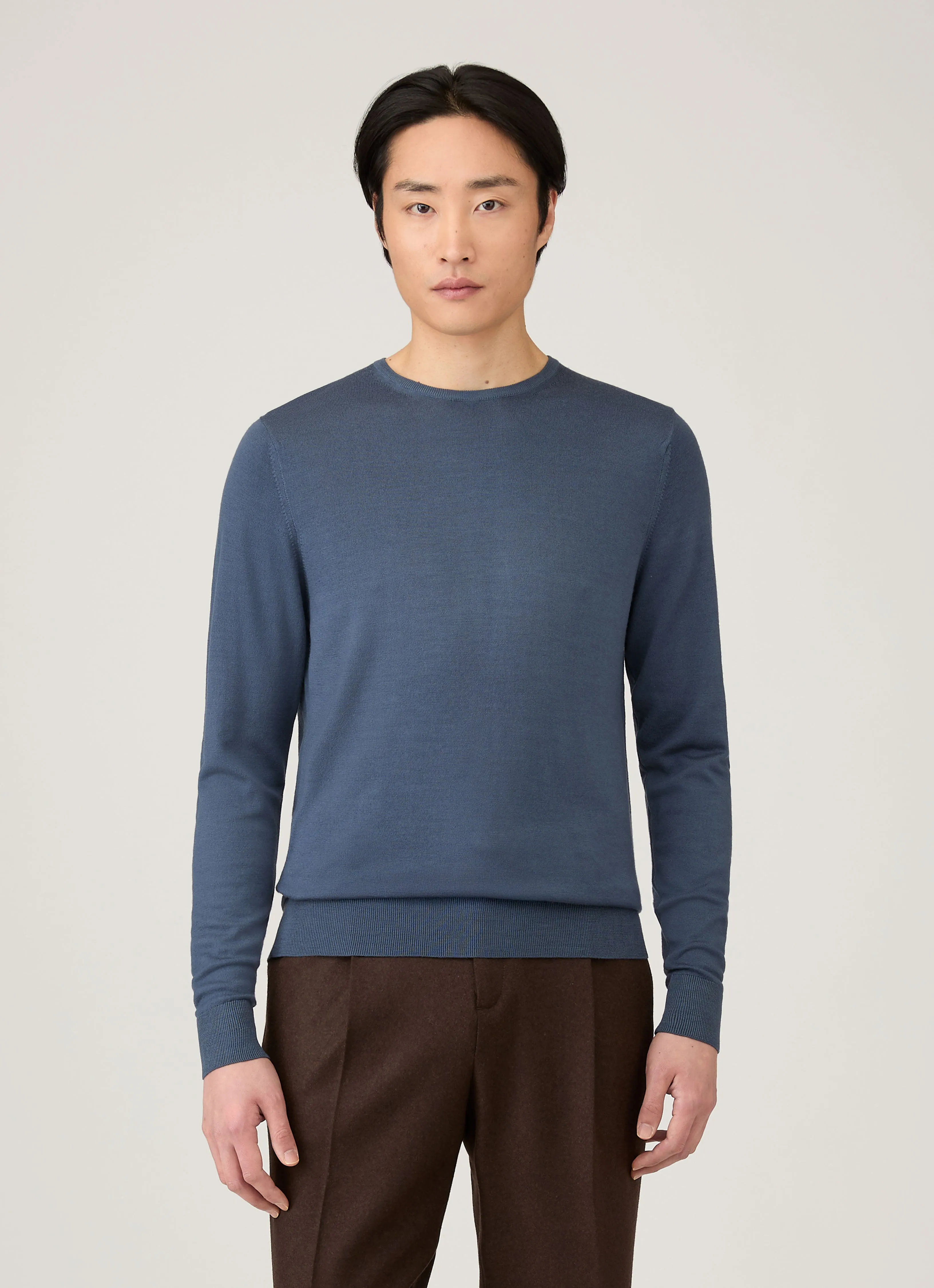 NonChlorine Bleached Circular Knit Pattern Men's Extra-Fine Merino Crew Neck in Slate Blue