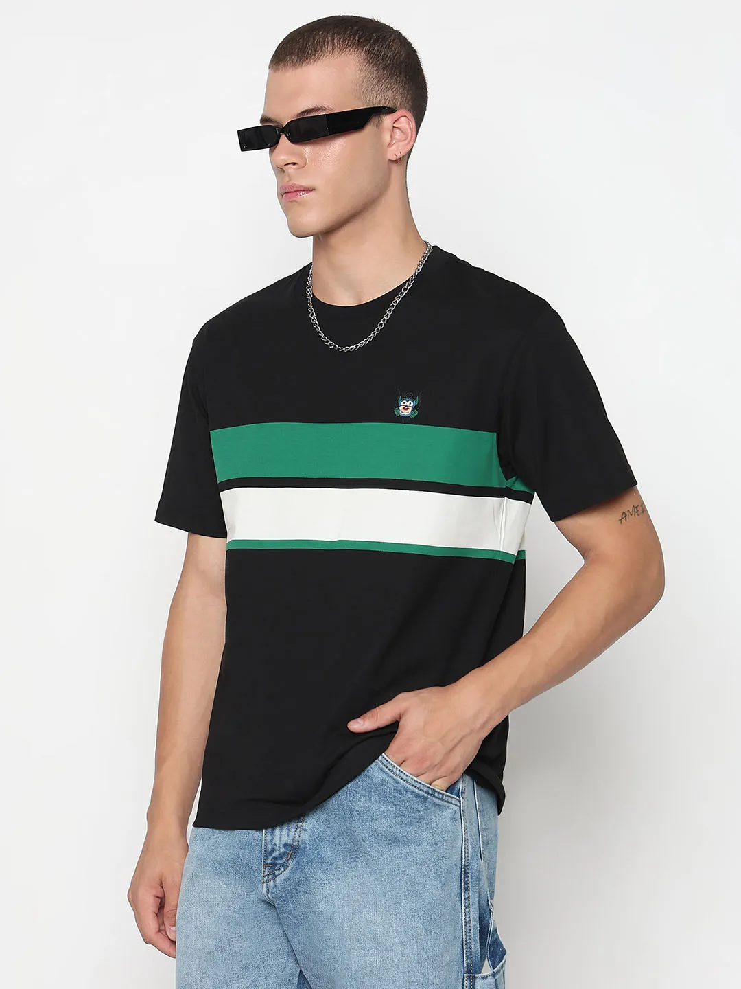 Mesh Glow Flash Look Men's Striped Black Regular Fit T-Shirt