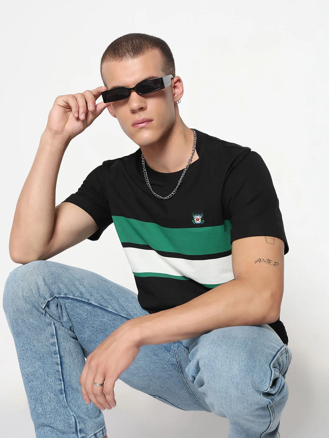Men's Striped Black Regular Fit T-Shirt Data Mode