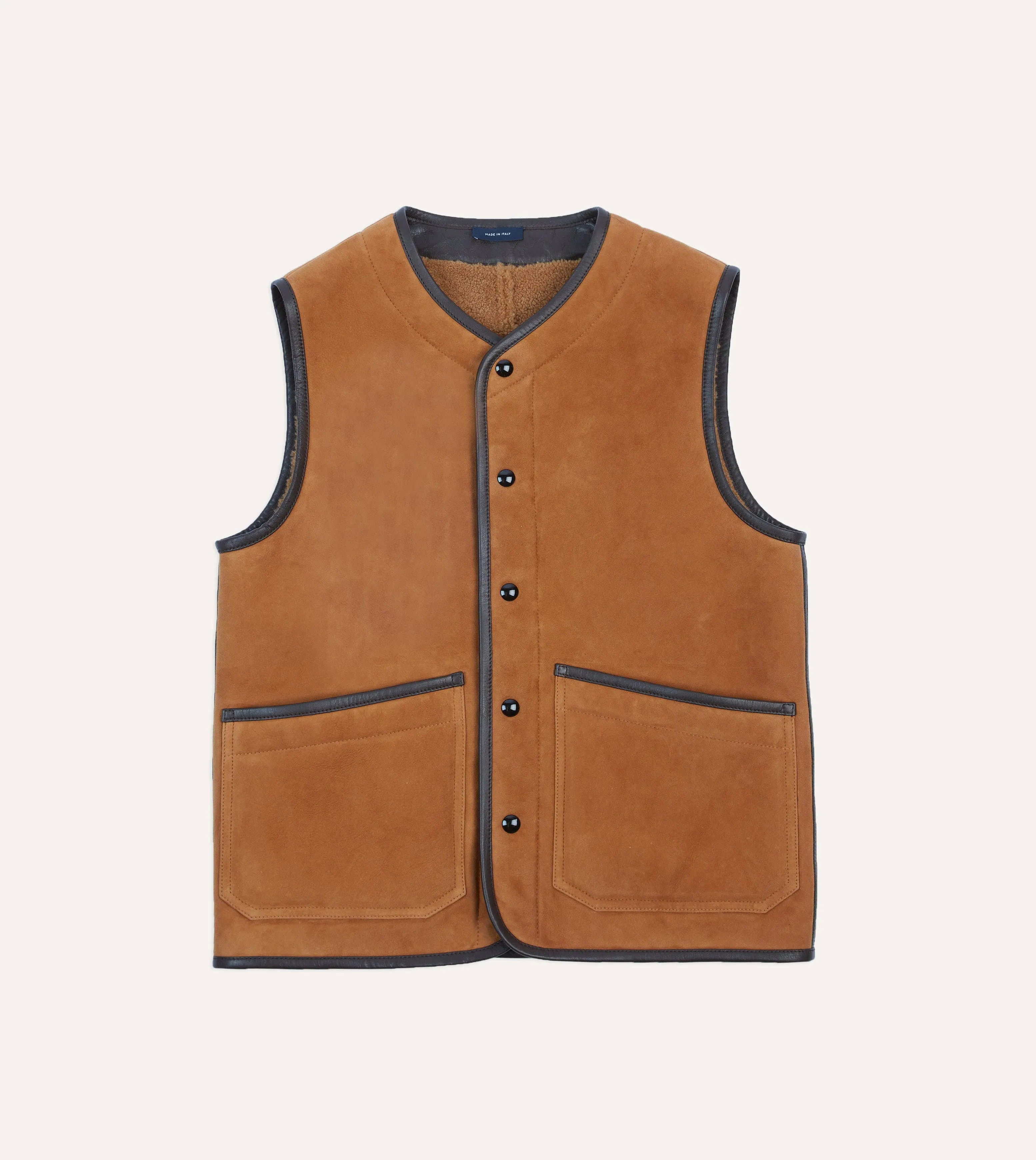 Reinforced Hems Tan Suede Shearling Vest