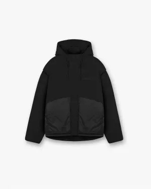 Layered Hooded Puffer - Jet Black Textured Finish snap closure