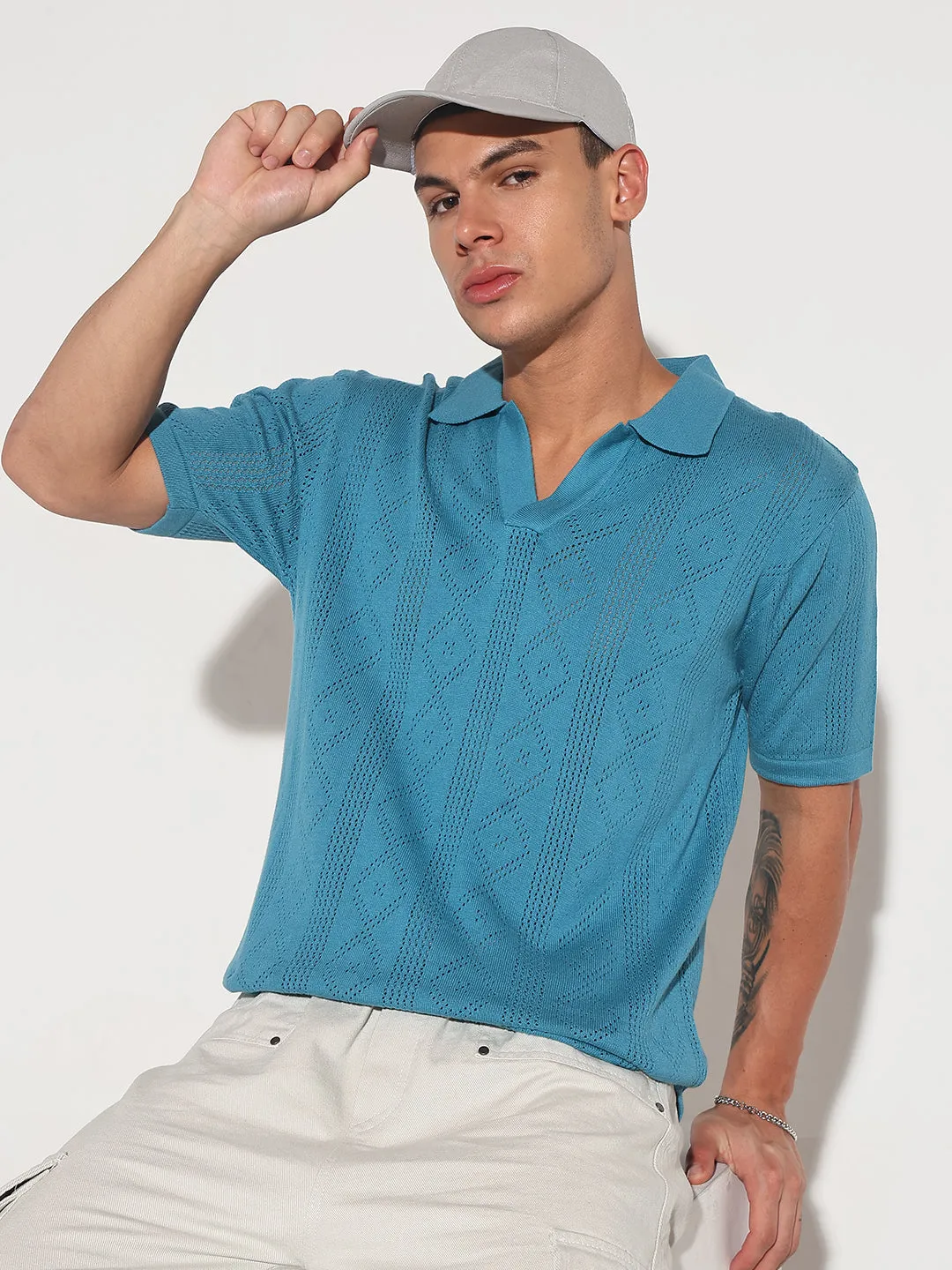 Evening Chic Men??s Textured Turquoise Blue Knit Polo T-Shirt with Open Collar