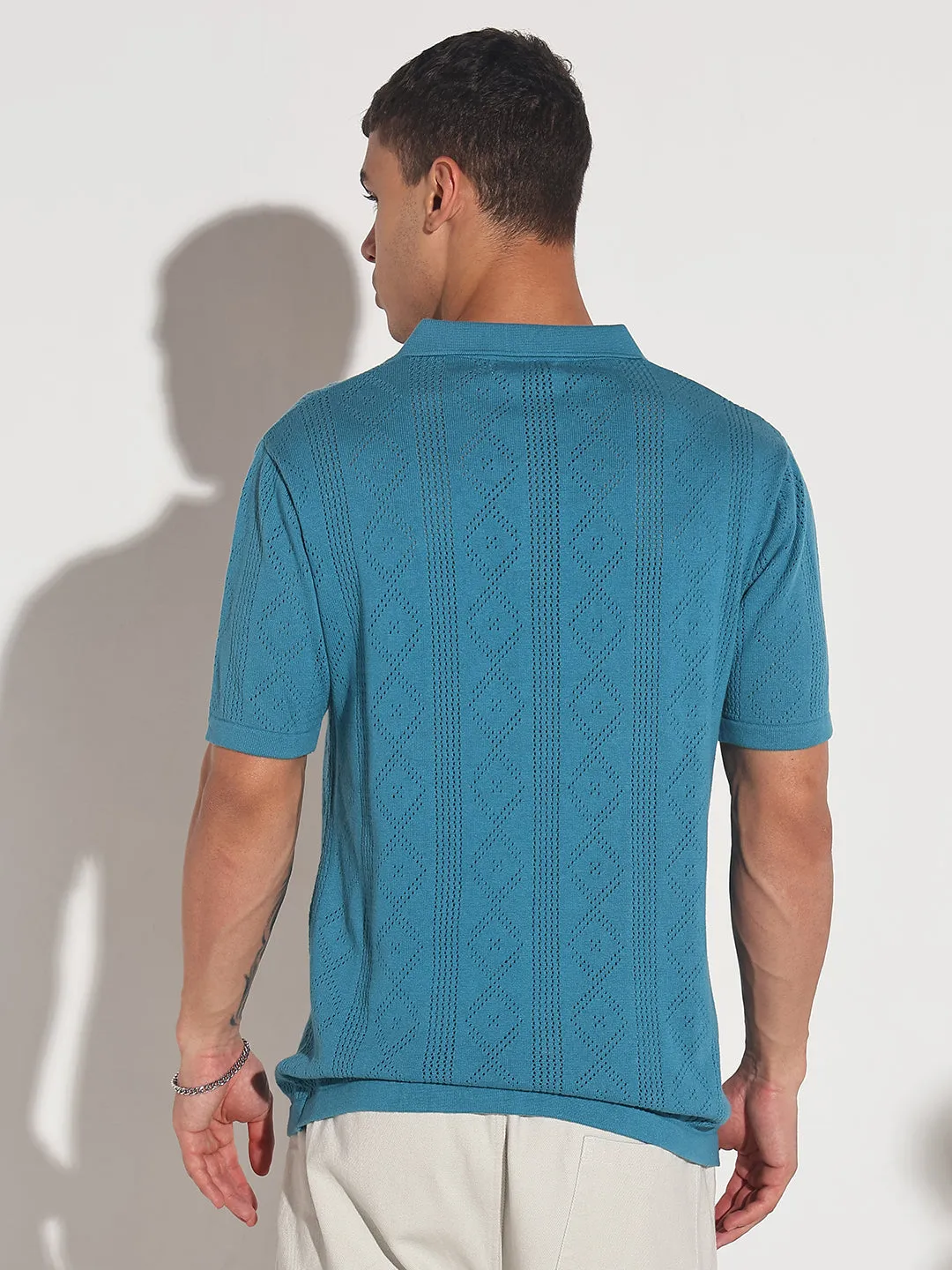 Clear Tone Future Glow Men??s Textured Turquoise Blue Knit Polo T-Shirt with Open Collar