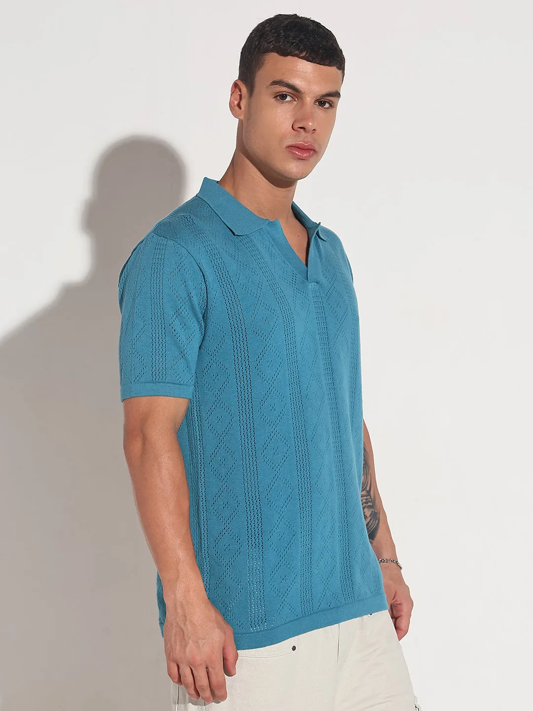 Men??s Textured Turquoise Blue Knit Polo T-Shirt with Open Collar spring fresh Flash Look