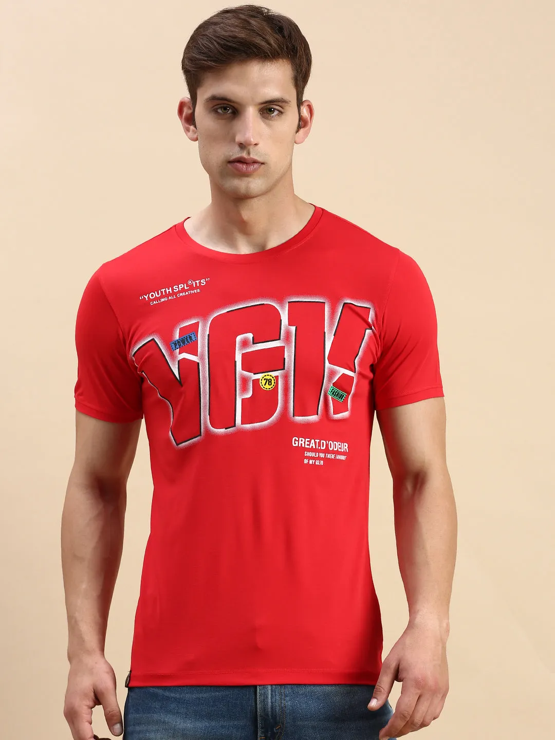 Light Color Stylish Men's Red Typography Printed Slim Fit T-shirt