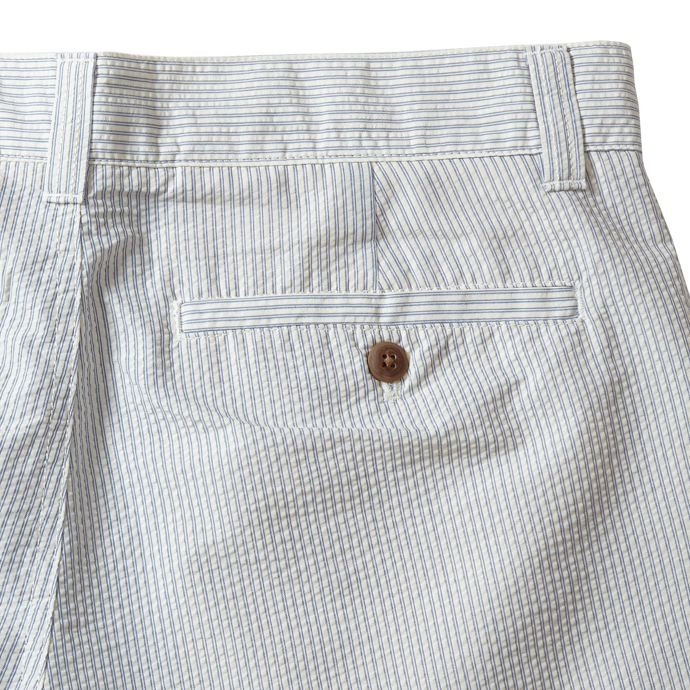 Slim Shape Double Needle Stitching Seersucker Drawcord Shorts - Cream Blue Stripe *