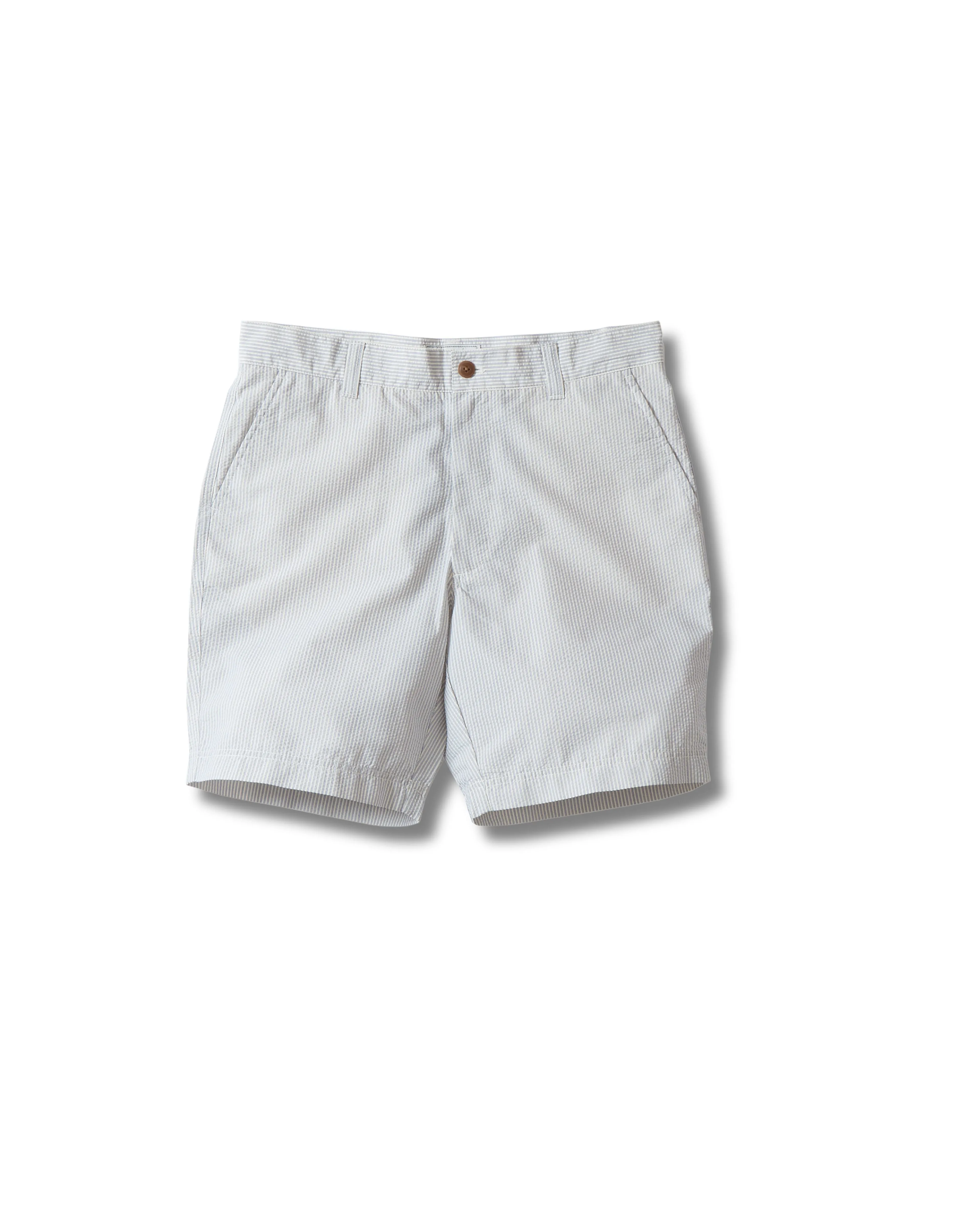 Eco - friendly Seersucker Drawcord Shorts - Cream Blue Stripe *
