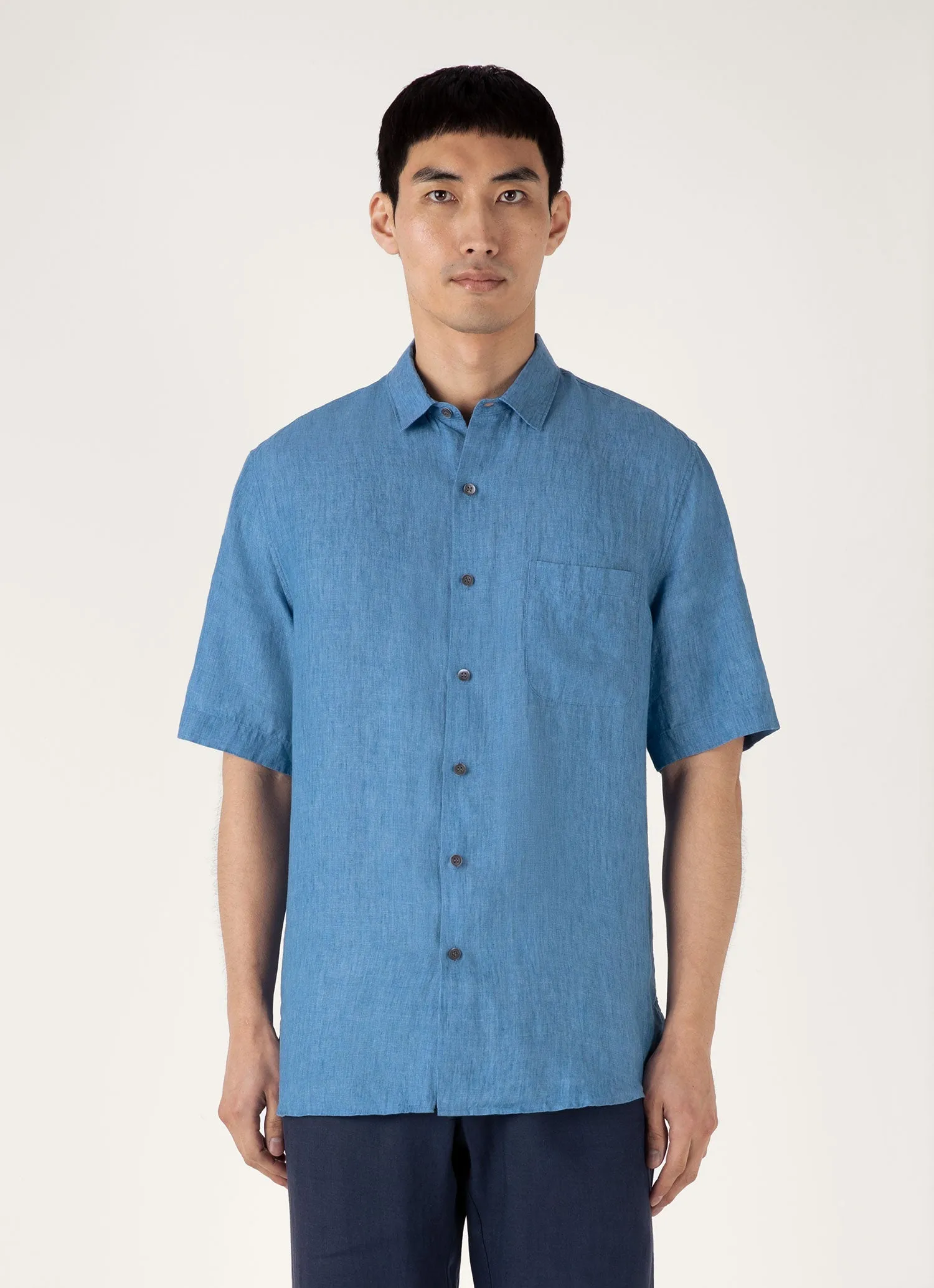 Soft and Light Men's Short Sleeve Linen Shirt in Cool Blue
