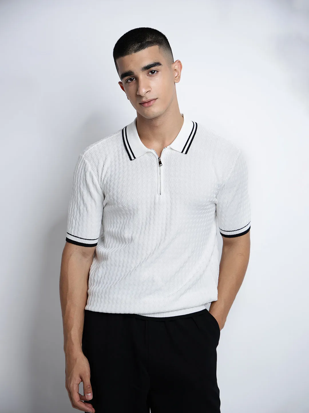 Men's Striped White Short Sleeves Polo Collar Regular Fit T-Shirt with Zip Details AI Core HighNeckStyle