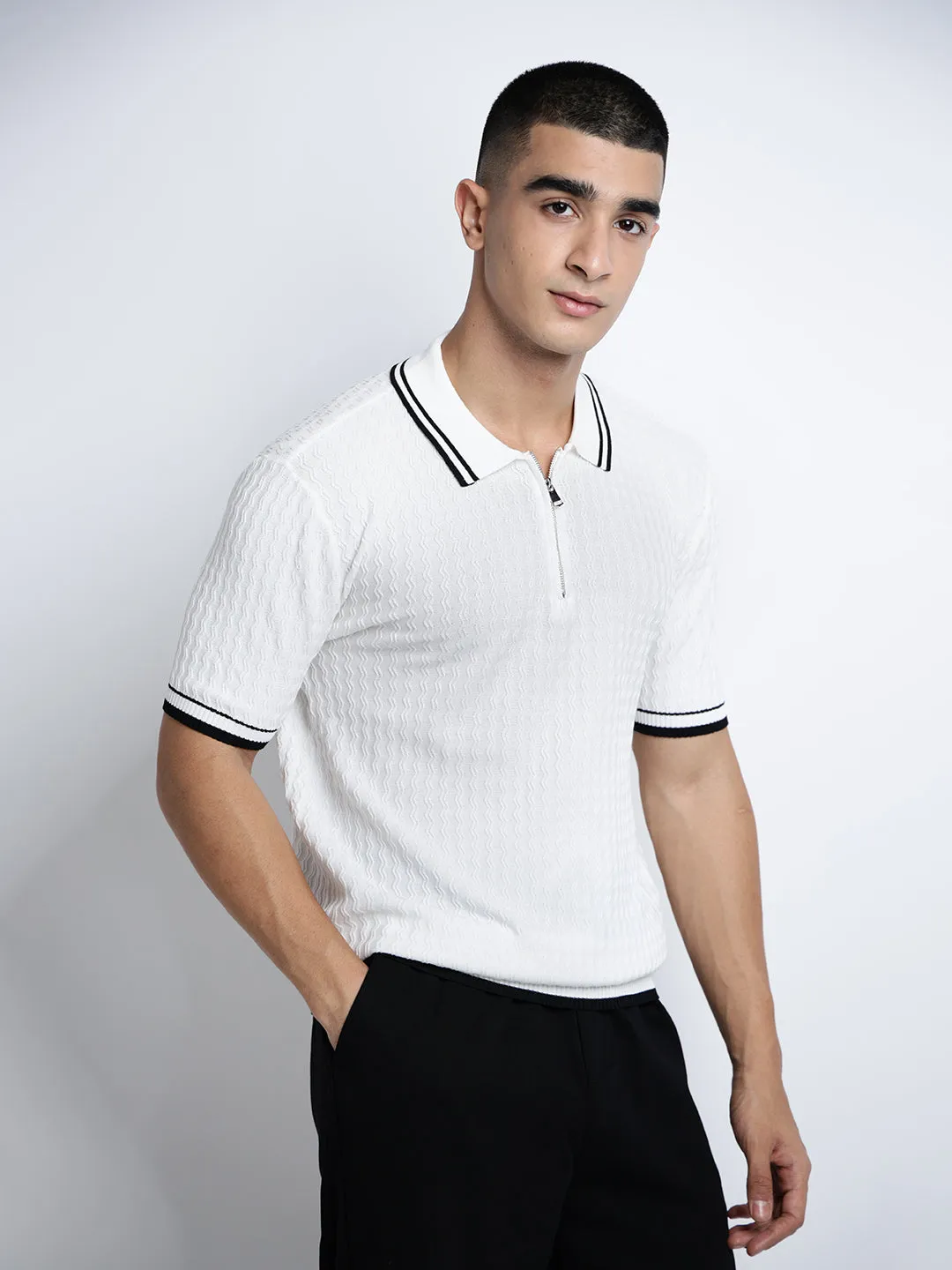 Men's Striped White Short Sleeves Polo Collar Regular Fit T-Shirt with Zip Details All-Occasion Wear Green Soul