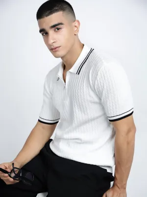 MoistureControl Lining Men's Striped White Short Sleeves Polo Collar Regular Fit T-Shirt with Zip Details