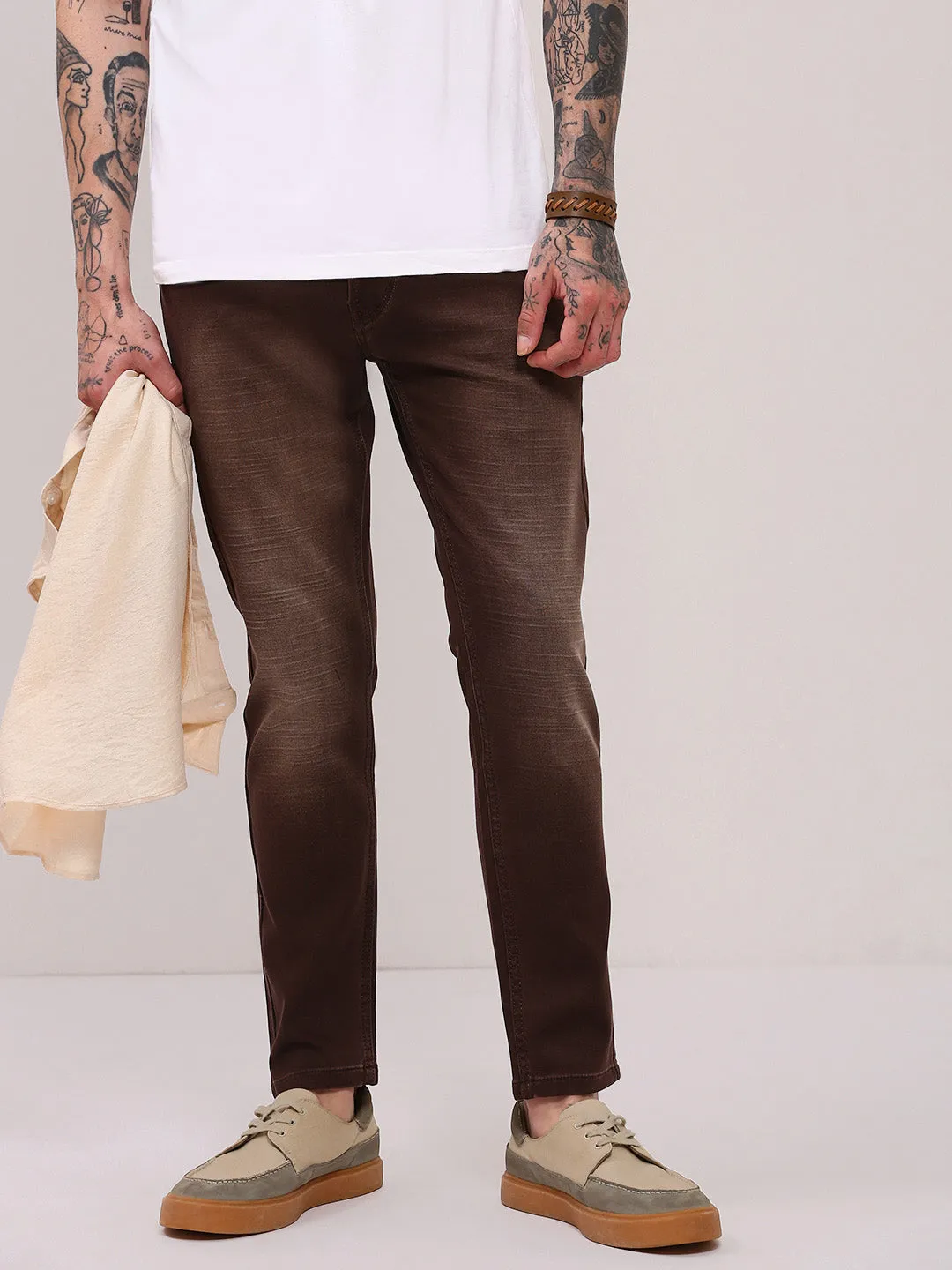 Men's Brown Slim Fit Low-Rise Light Fade Jeans Style Basic