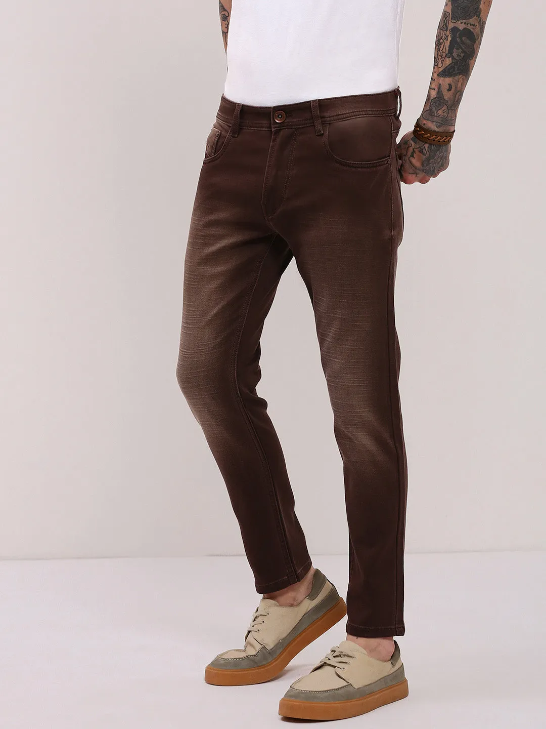 On The Go Men's Brown Slim Fit Low-Rise Light Fade Jeans