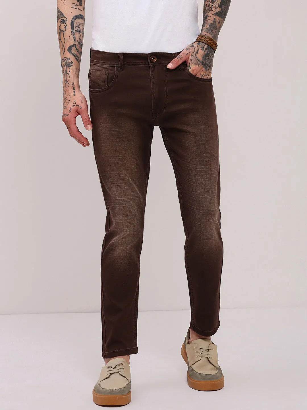 Simple Utility Men's Brown Slim Fit Low-Rise Light Fade Jeans