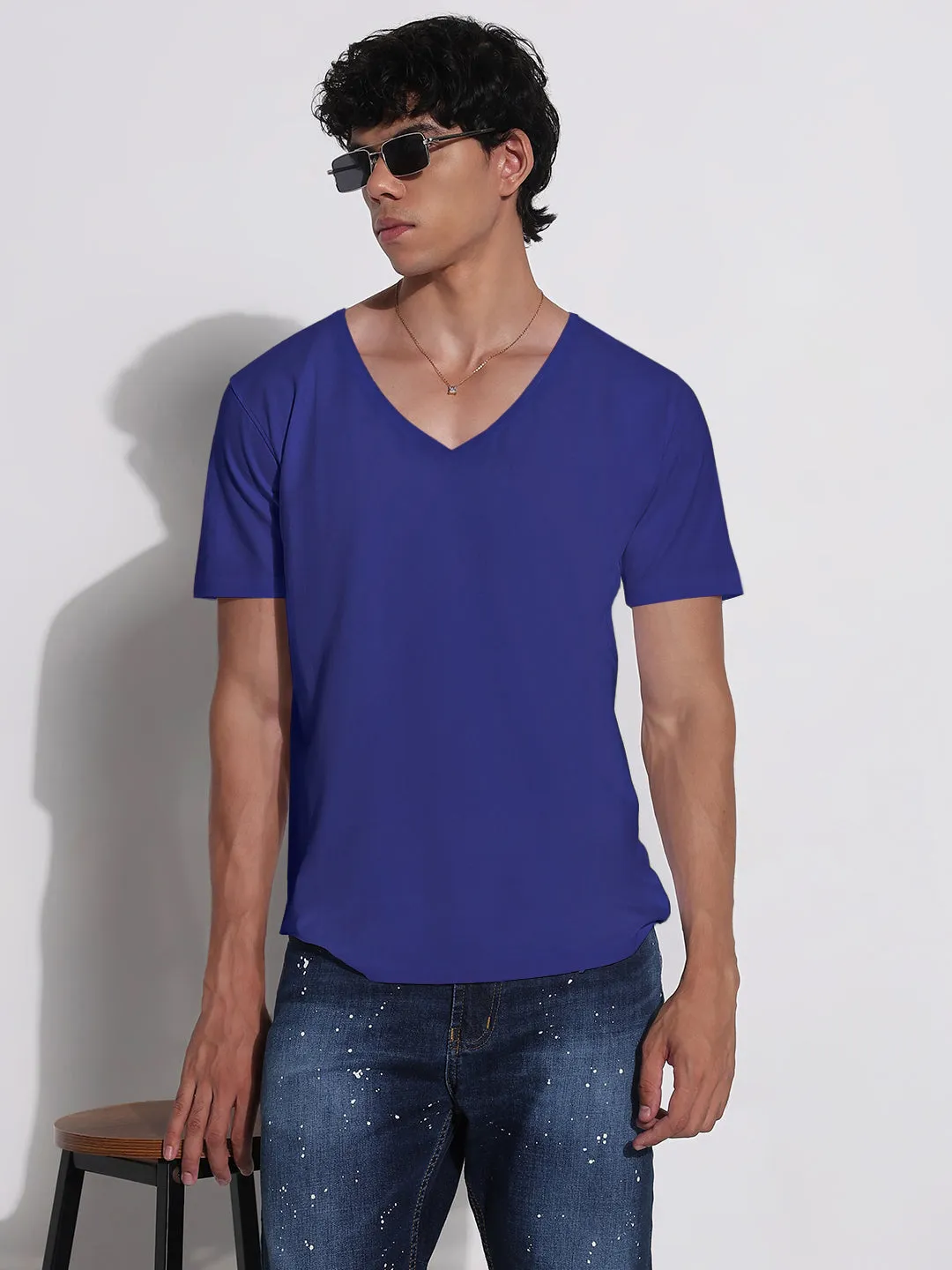 Men's Blue V-Neck Regular Fit T-Shirt Easy Outfit Reflective accents