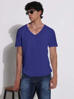 Men's Blue V-Neck Regular Fit T-Shirt Easy Outfit Reflective accents