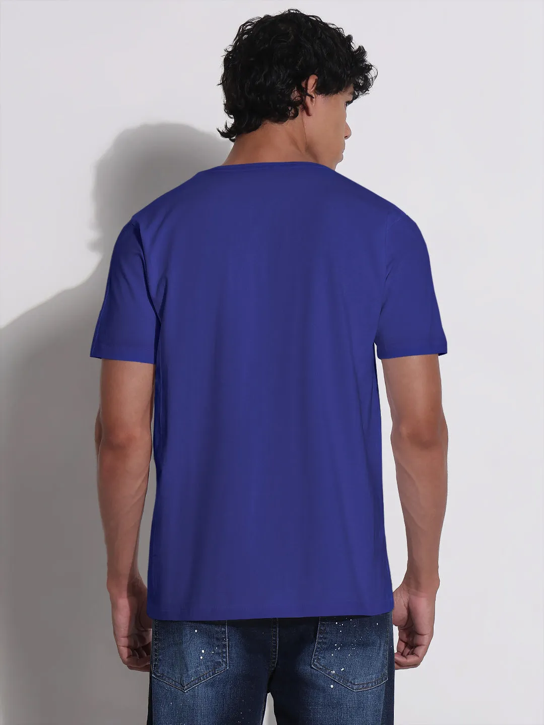 Recycled materials Men's Blue V-Neck Regular Fit T-Shirt