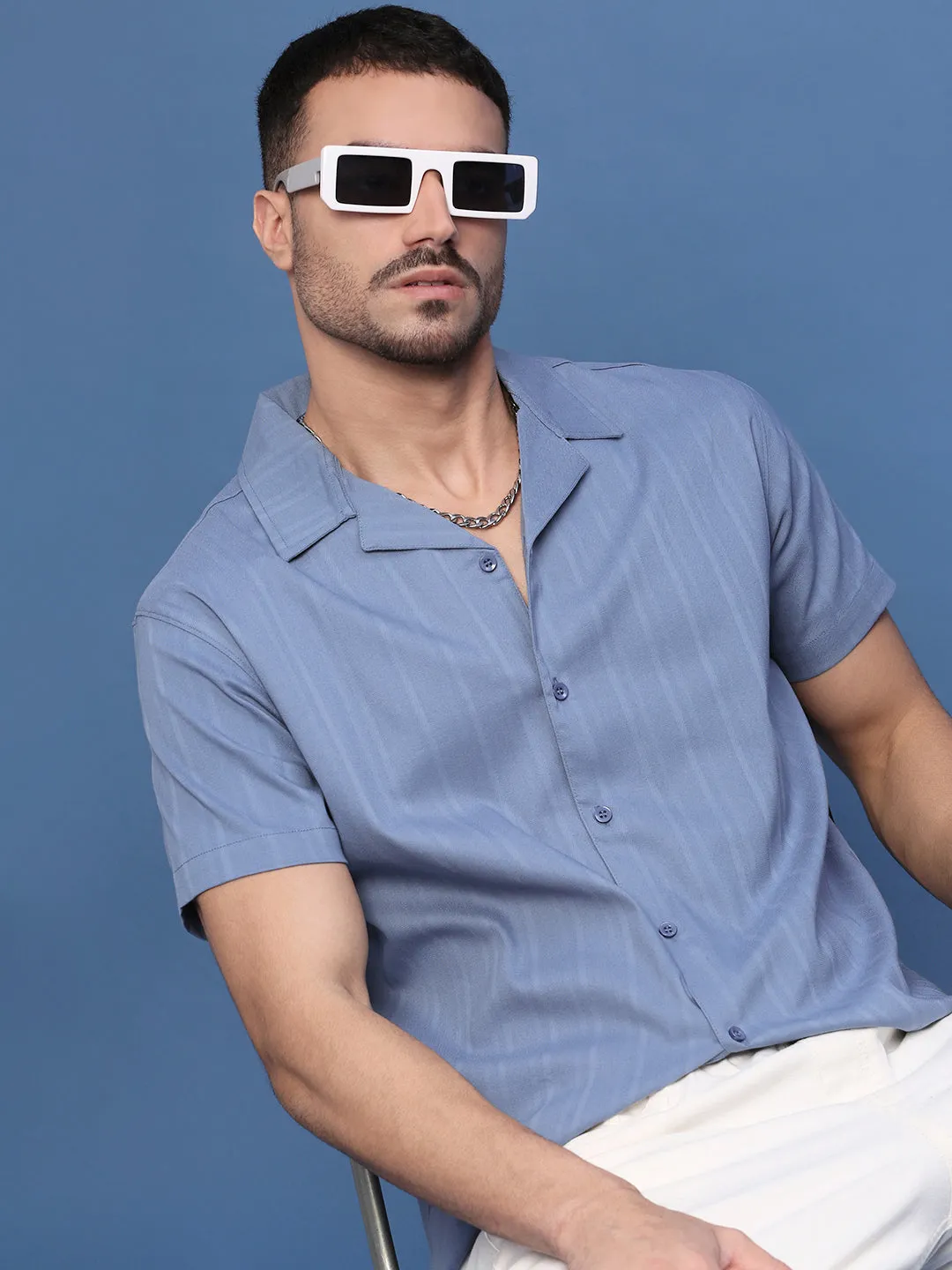 Men's Blue Solid Casual Cuban Collar Shirt Tencel Blend Fabric