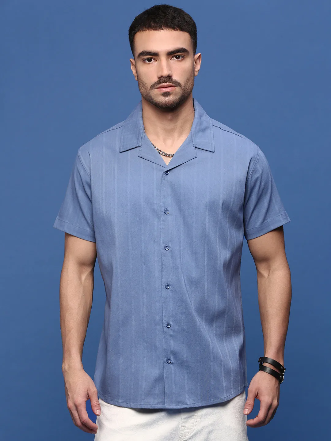 Men's Blue Solid Casual Cuban Collar Shirt AdjustableCuffs