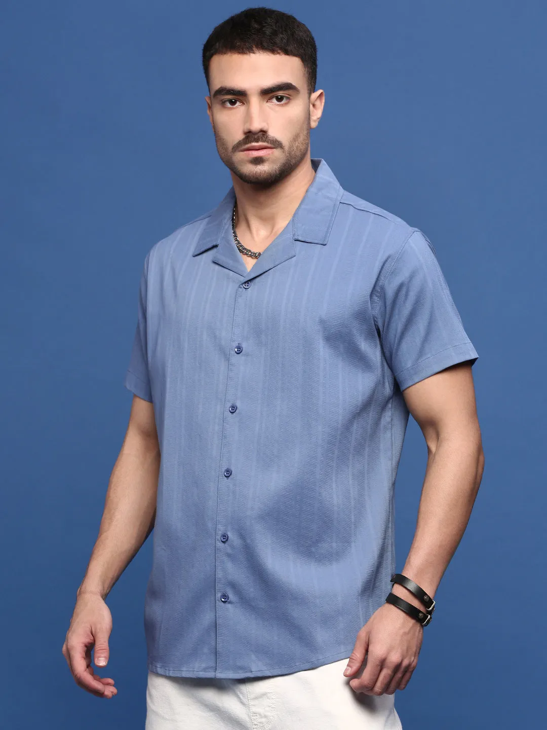 Practical Style FlexibleMaterial Men's Blue Solid Casual Cuban Collar Shirt