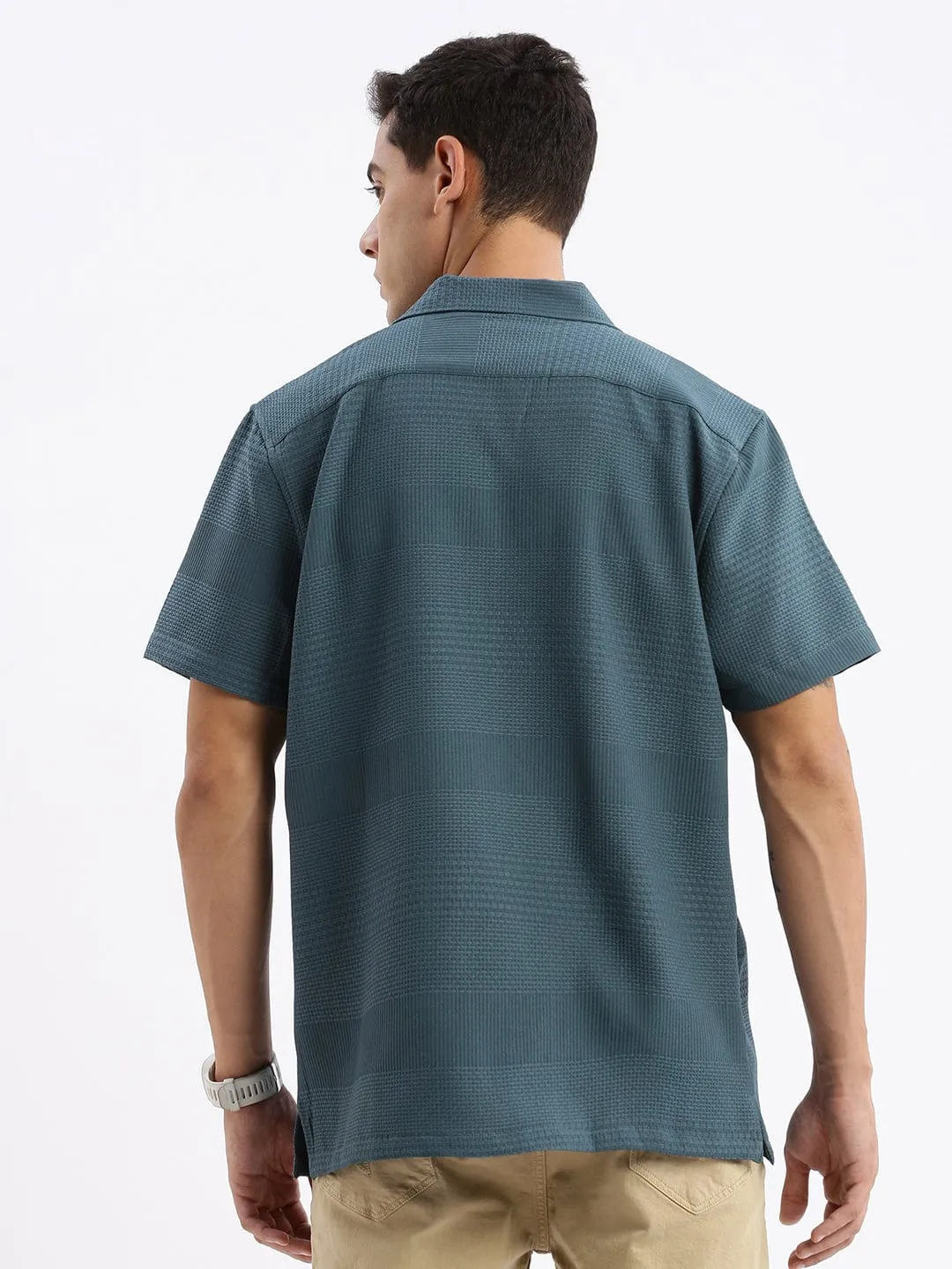Men's Cuban Collar Solid Relaxed Fit Teal Shirt SlipResistantWaistband Urban Cool