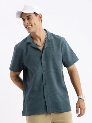 Men's Cuban Collar Solid Relaxed Fit Teal Shirt Warm Fashion Soft Fabric