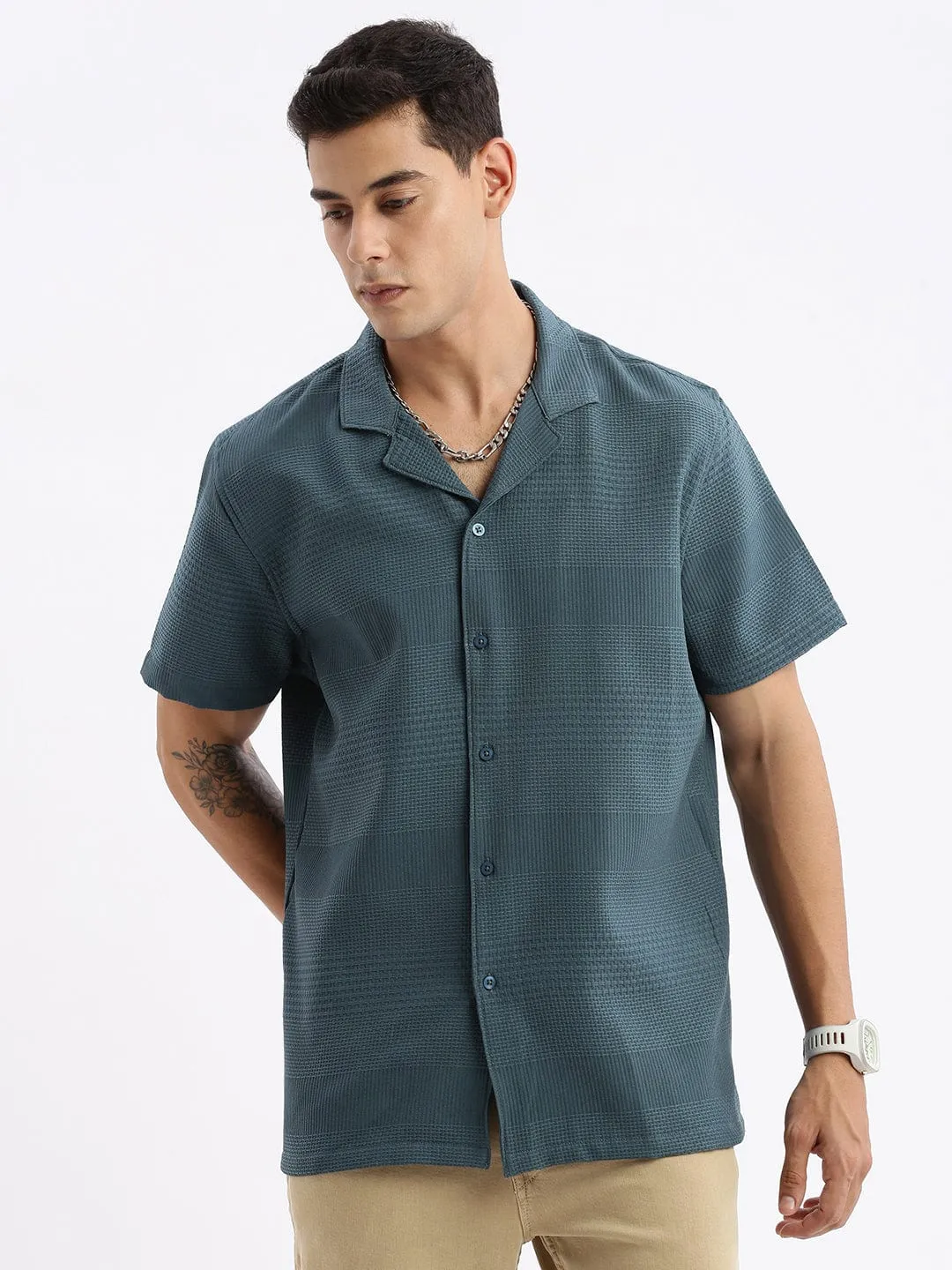 Men's Cuban Collar Solid Relaxed Fit Teal Shirt Functional Fashion Comfortable Outerwear