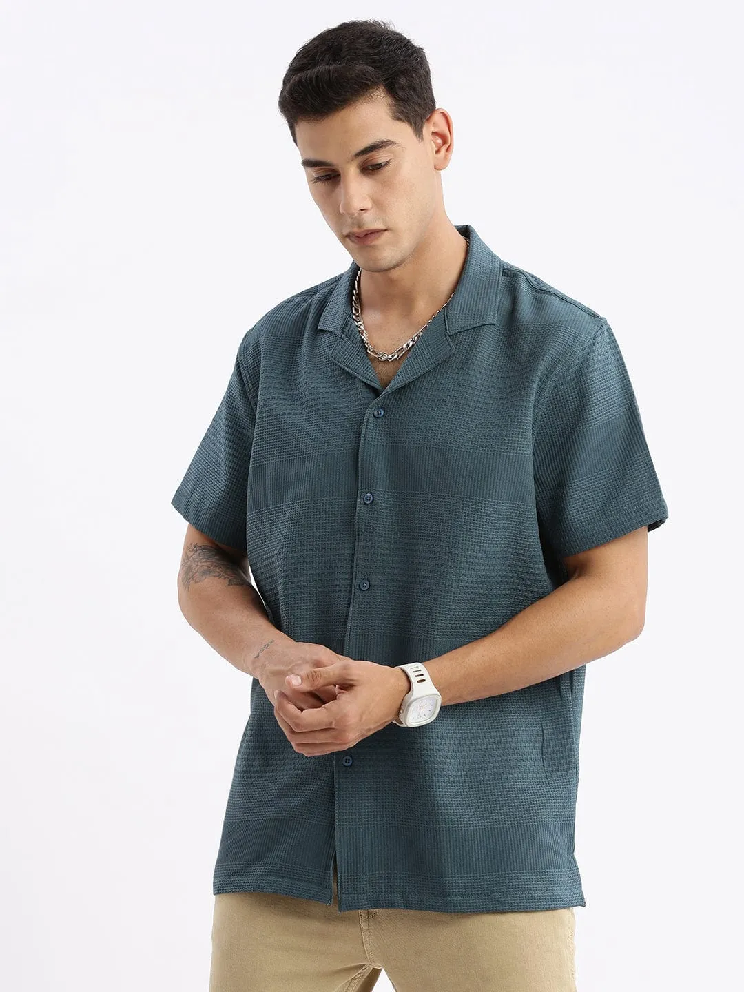 Cozy Fit Smooth Edge Binding Men's Cuban Collar Solid Relaxed Fit Teal Shirt