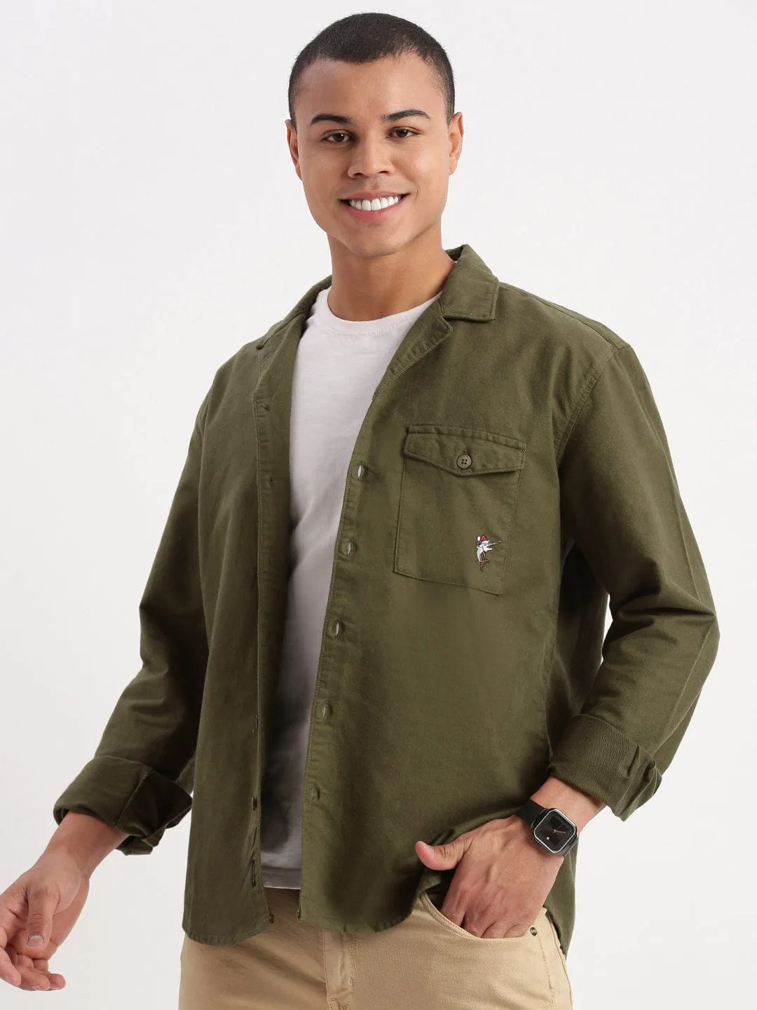 Men's Cuban Collar Solid Olive Oversized Shirt Digital Glow