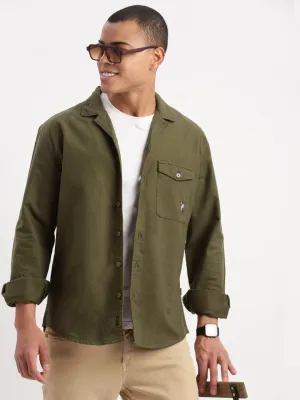Men's Cuban Collar Solid Olive Oversized Shirt Airflow Mesh Panels